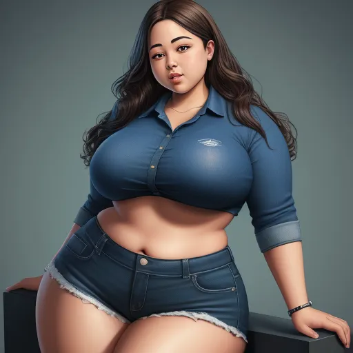 how to make a photo high resolution - a woman in a blue shirt and jeans posing for a picture with her butt exposed and a large breast, by Terada Katsuya