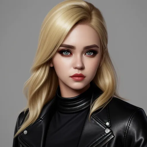 ai image generator names - a blonde haired woman with blue eyes and a black leather jacket on a gray background with a black leather jacket, by Daniela Uhlig