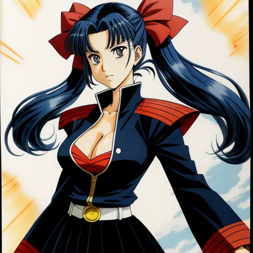a woman in a uniform with a red bow on her head and a blue sky in the background with clouds, by Rumiko Takahashi