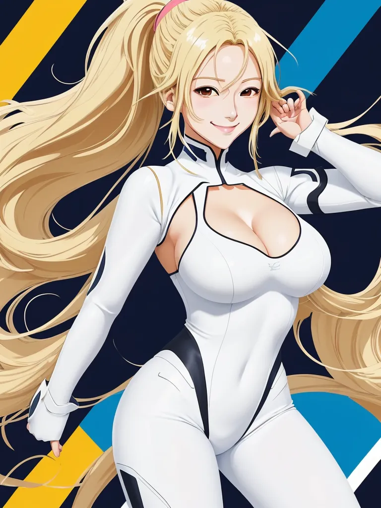 a woman in a white suit with long blonde hair and a ponytail is posing for a picture with her hands on her hips, by Hiromu Arakawa