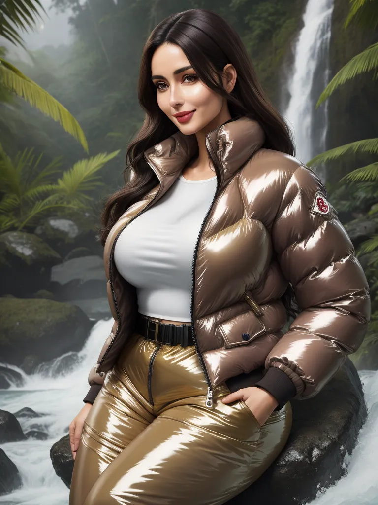 translate image online - a woman in a shiny gold outfit posing for a picture in front of a waterfall with a waterfall in the background, by Hendrik van Steenwijk I
