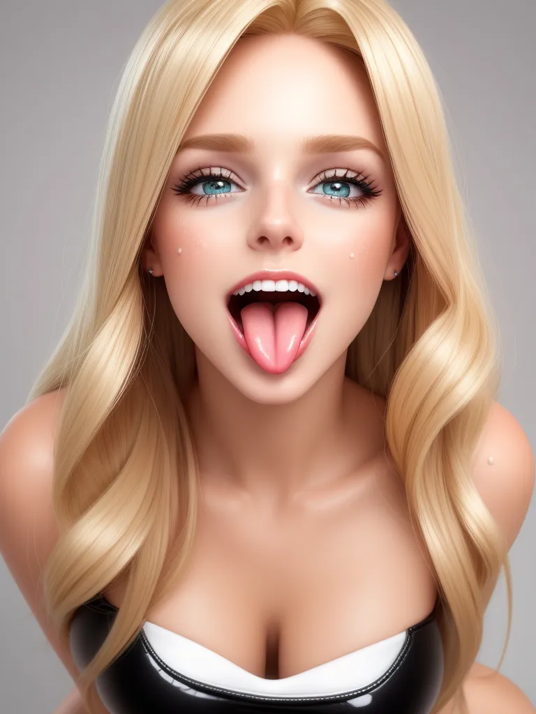 make image higher resolution - a blonde woman with her tongue out and her eyes open, wearing a black and white dress and a black and white bra, by Daniela Uhlig