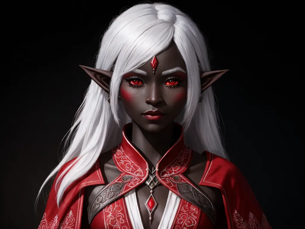 8k photos: cute female drow elf, black skin, white hair, red