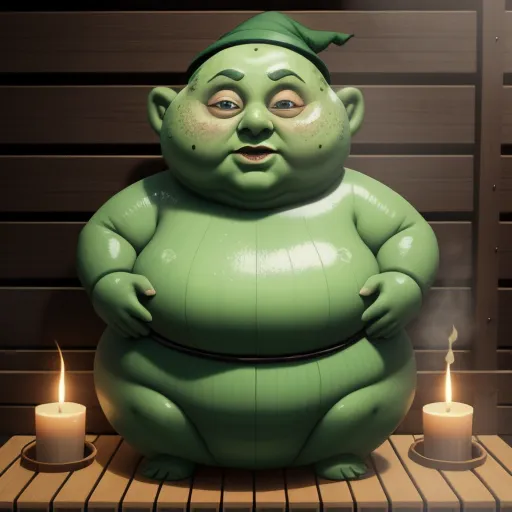 a large green statue of a person with a hat on and two candles in front of it, with a wall behind it, by Pixar Concept Artists