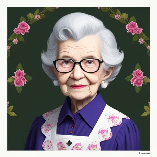 a painting of an elderly woman with glasses and a purple shirt and pink flowers around her neck and shoulders, by Chuck Close