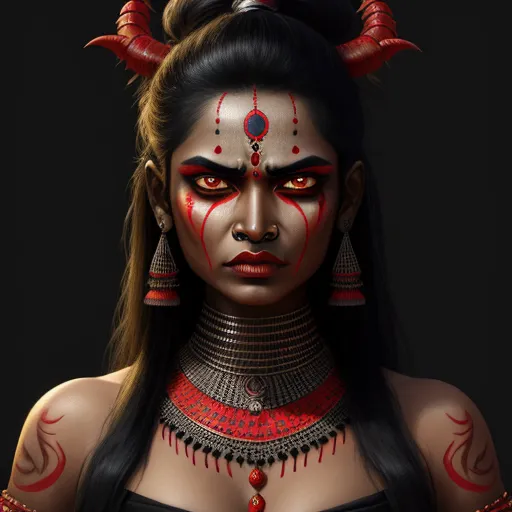 a woman with horns and makeup is wearing red and black makeup and a red headpiece with horns on her head, by Daniela Uhlig