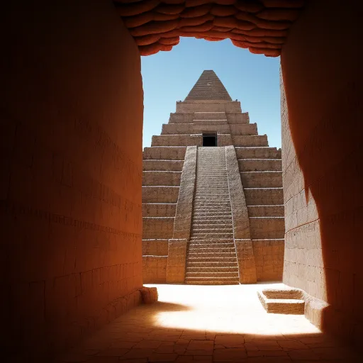 images hd free - a stairway leading to a pyramid in a desert setting with a sky background and a shadow from the doorway, by Paul Corfield