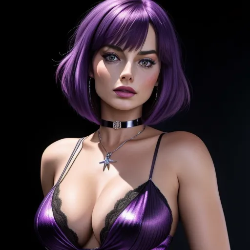 a woman with purple hair and a choker on her neck and chest is posing for a picture in a dark background, by Terada Katsuya