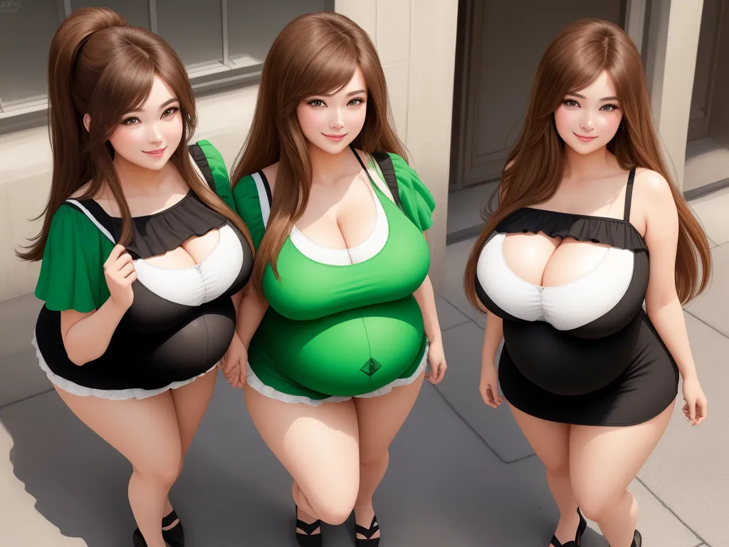 text ai image generator - three 3d renderings of a woman in a green and black outfit and a white and black dress and a green and white top, by Toei Animations