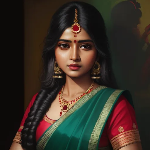 ai photo enhancer - a painting of a woman in a green and red sari with a braid in her hair and a red and green blouse, by Raja Ravi Varma