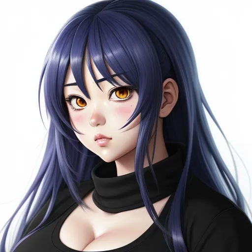 a woman with long blue hair and yellow eyes is wearing a black shirt and black collared shirt with a black collar, by Hanabusa Itchō
