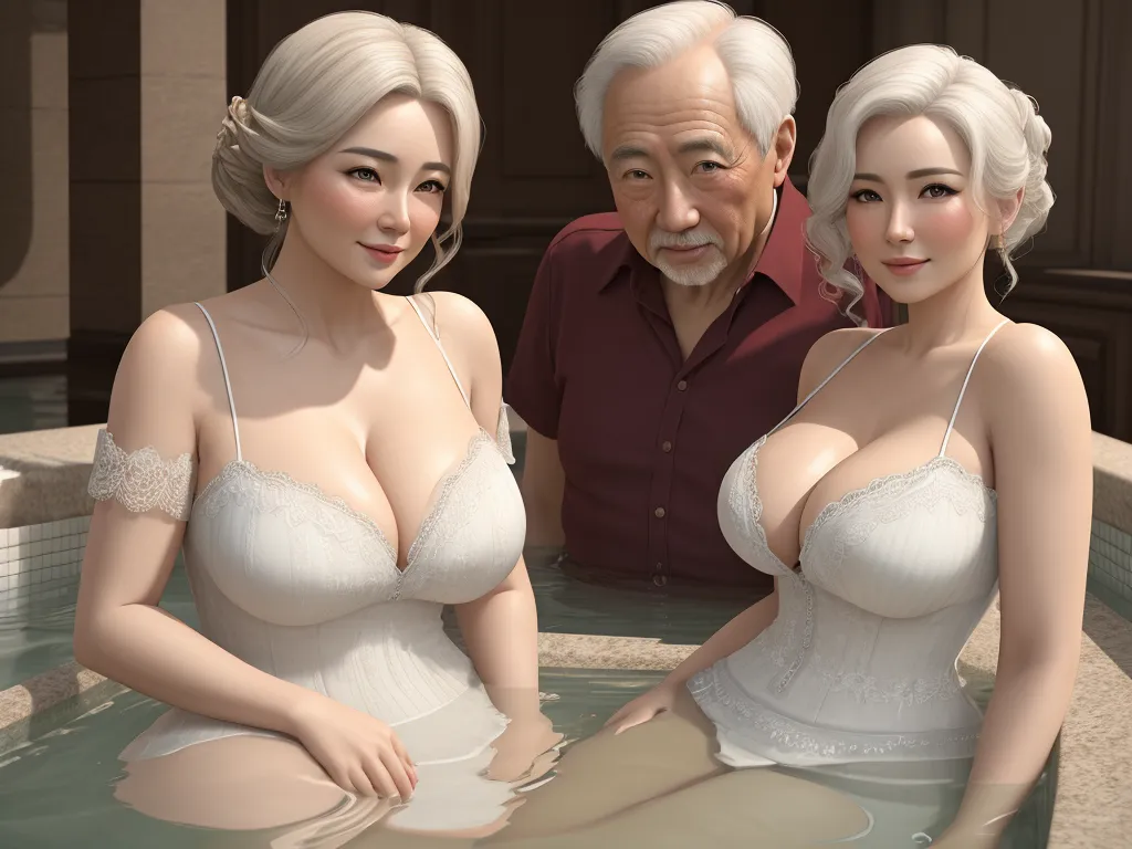 a couple of women sitting next to a man in a tub of water with a man standing behind them, by Hayao Miyazaki