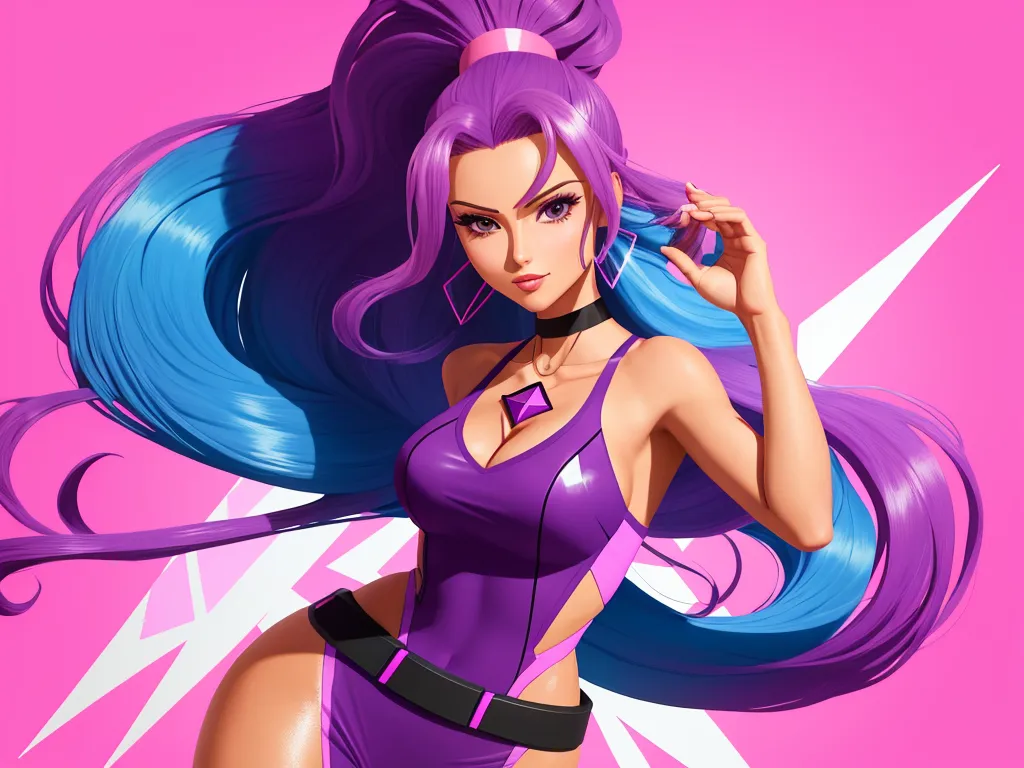 ai image generator text - a cartoon of a woman with purple hair and a purple outfit with a pink background and a pink background, by theCHAMBA