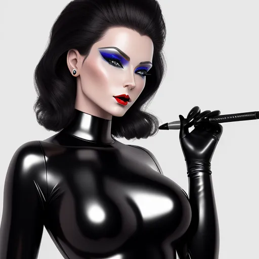 a woman in a black latex outfit holding a cigarette in her hand and looking at the camera with a serious look on her face, by Lois van Baarle