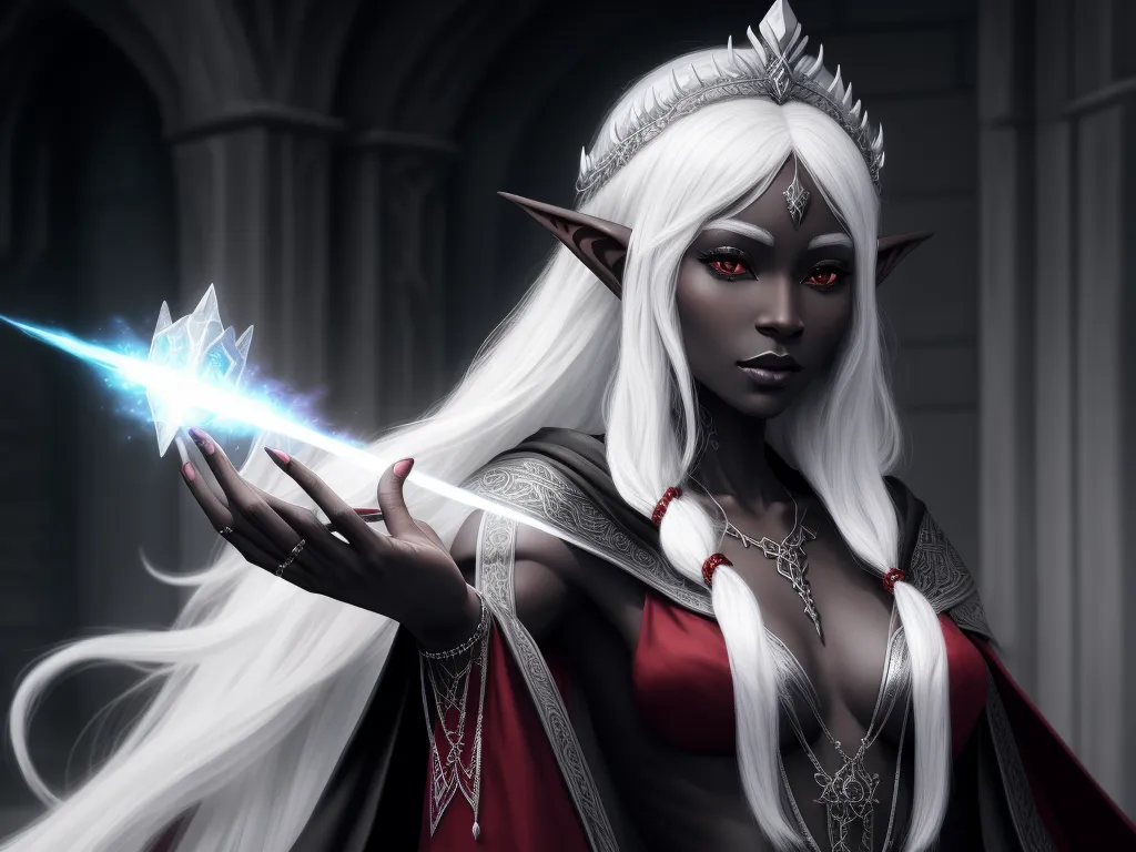 image from text ai - a woman with white hair and a white wig holding a sword in her hand and wearing a red dress, by Lois van Baarle