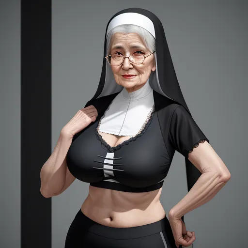 a woman in a nun costume poses for a picture in a black outfit with a white collar and a nun's headpiece, by Hirohiko Araki