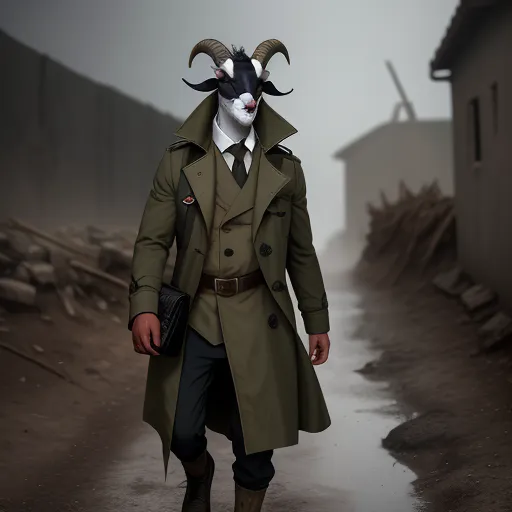 a man in a trench coat and goat mask walks down a path in the rain with a gun in his hand, by Anton Semenov