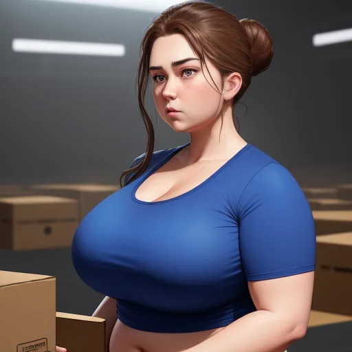 generate ai images - a woman in a blue shirt holding a box in a room with boxes on the floor and a light shining on her, by Abraham Willaerts