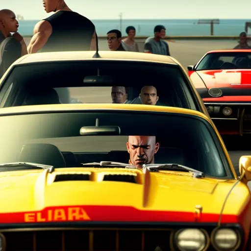 a group of people standing around a yellow car in a movie scene with a man in the middle of the car, by Quentin Tarantino