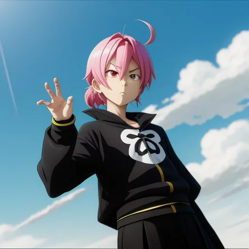 a person with pink hair and a black outfit with a white and black design on it and a sky background, by Hiromu Arakawa