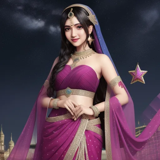 a woman in a purple sari and a star on her head is standing in front of a cityscape, by Sailor Moon