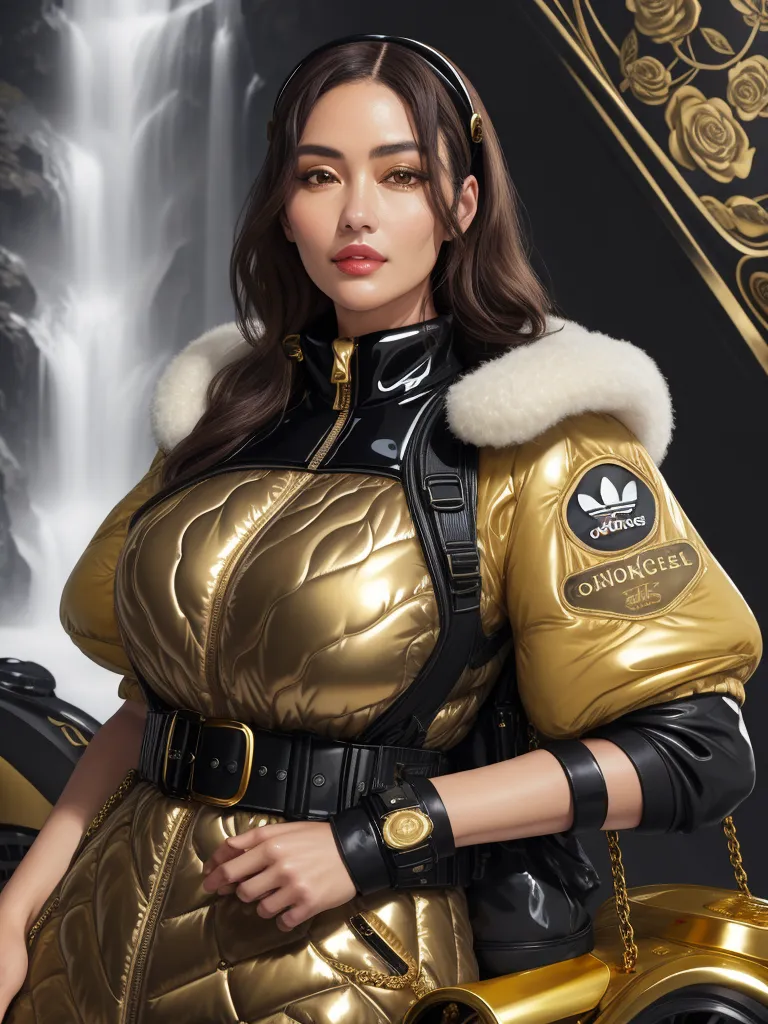 ai generated images from text - a woman in a gold outfit standing next to a waterfall and a gold motorcycle with a fur collar on, by Terada Katsuya
