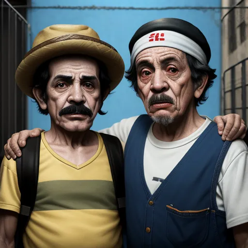 make picture 1080p - two men with fake faces are standing next to each other in front of a fence and a building with a blue wall, by Emiliano Ponzi