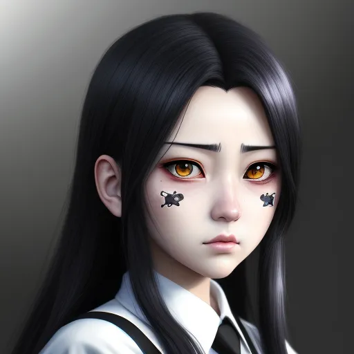 convert photo to 4k - a girl with long black hair and yellow eyes with a cross on her forehead and a black tie with a bow, by Lois van Baarle