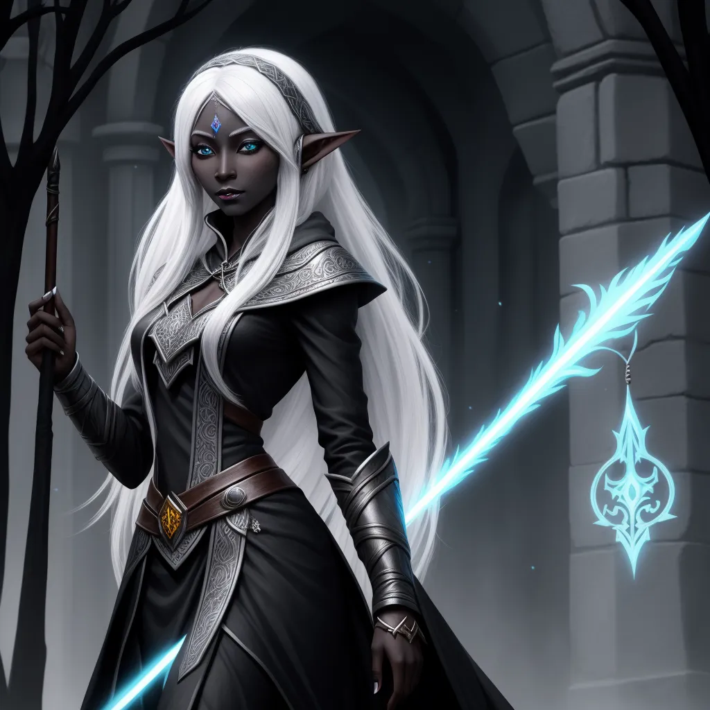 8k pics: female drow elf wizard, black skin, white hair