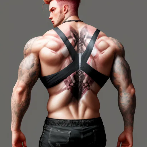 a man with a red hair and tattoos on his back and chest, wearing a black harness and black pants, by Lois van Baarle