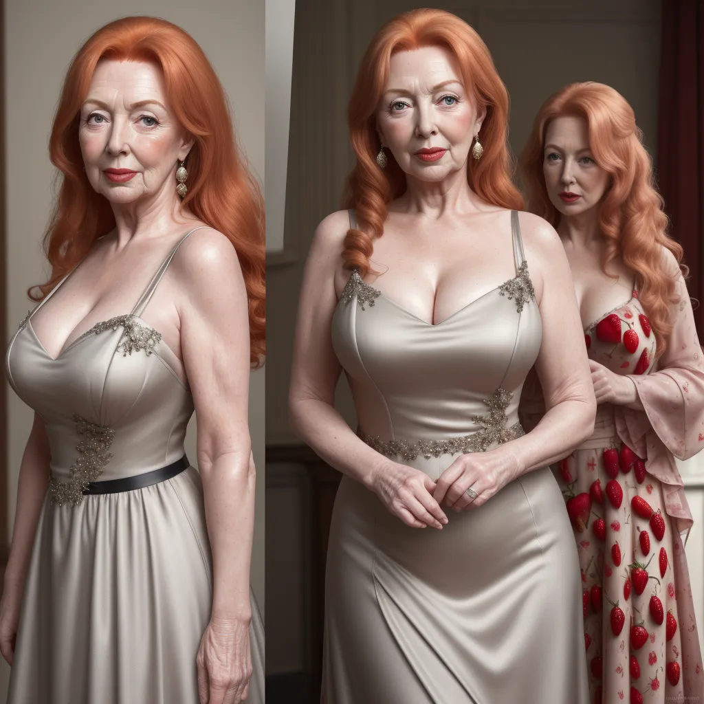 ai create image from text - a woman in a dress with red hair and a woman in a dress with a rose on her chest, by Cindy Sherman