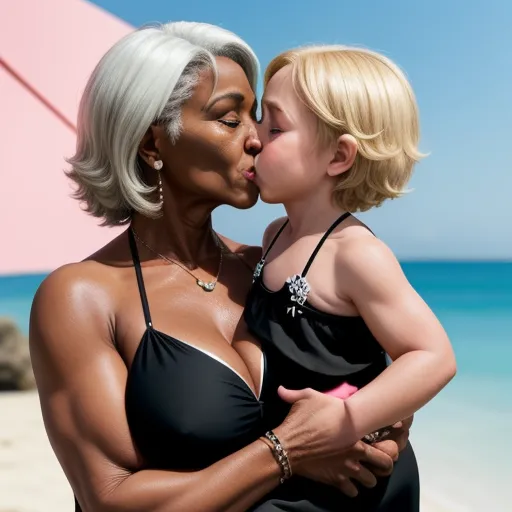 a woman and a child kissing on the beach with a pink umbrella in the background of the picture,, by Alex Prager