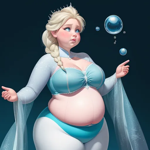 high res images - a pregnant woman in a blue dress with bubbles around her belly and a tiara on her head, with a blue dress around her waist, by Hirohiko Araki