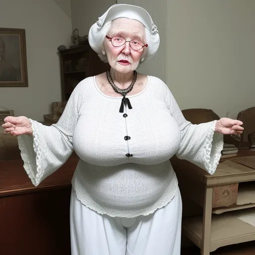 photo converter - a woman in a white top and white pants is standing in a room with a table and a chair, by Cindy Sherman