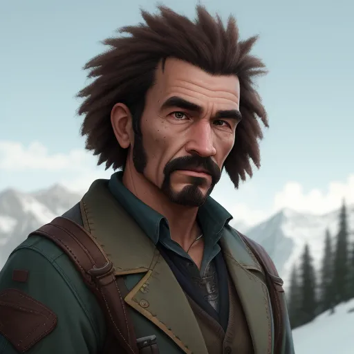 a man with a beard and a mustache in a video game avatar with a mountain background and trees in the background, by Dan Smith