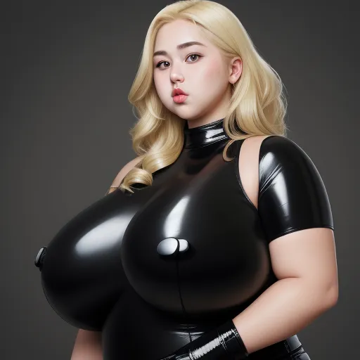 generate ai images from text - a woman in a black latex outfit poses for a picture with her breasts exposed and her hand on her hip, by Terada Katsuya