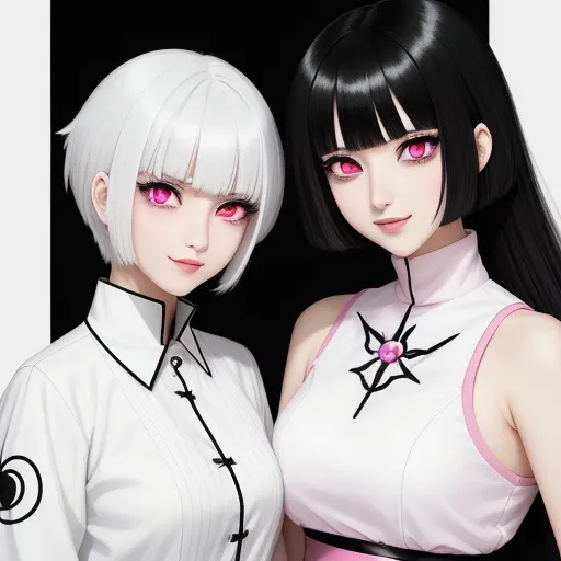 two anime girls with white hair and pink eyes are posing for a picture together, one is wearing a white shirt and the other is wearing a pink and white shirt, by Bakemono Zukushi