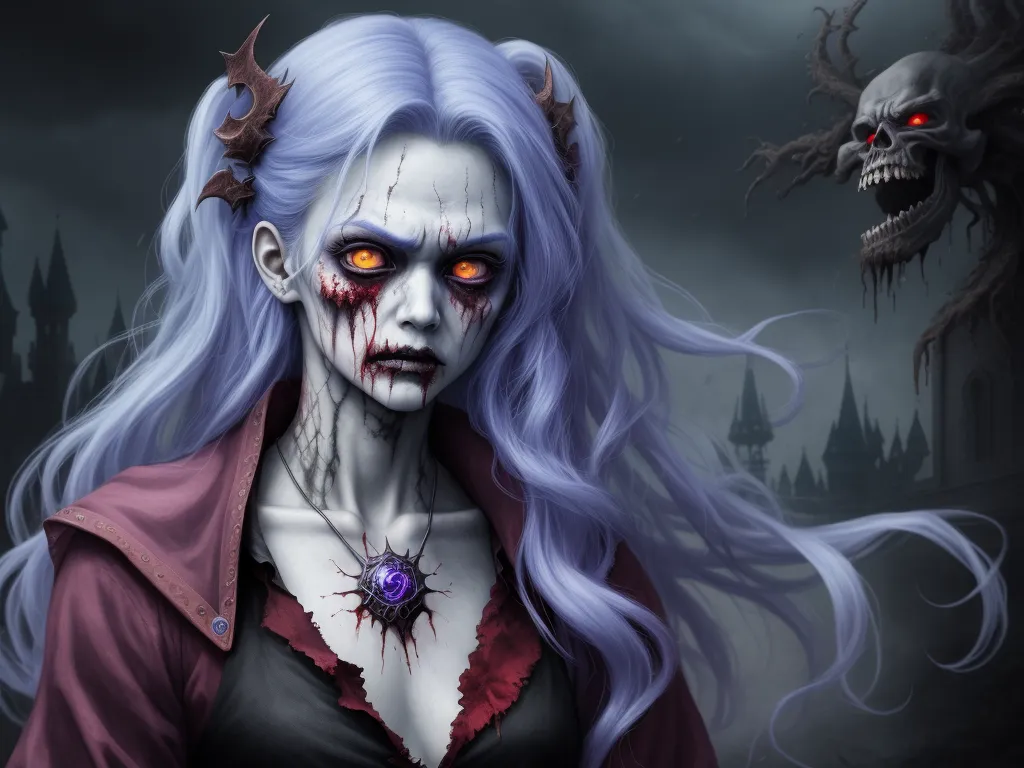how to make photos high resolution - a woman with white hair and red eyes wearing a purple outfit and a creepy face with a demon head, by Heinrich Danioth