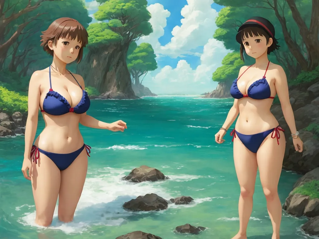ai text image - two anime girls in bikinis standing in the water near a beach with rocks and trees in the background, by Hayao Miyazaki