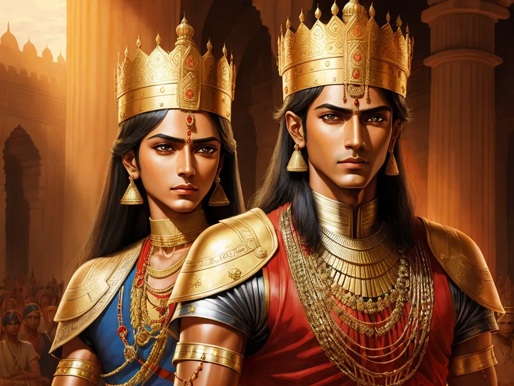 4k quality converter photo - two men in costumes standing next to each other in front of a crowd of people wearing gold crowns and holding swords, by Raja Ravi Varma