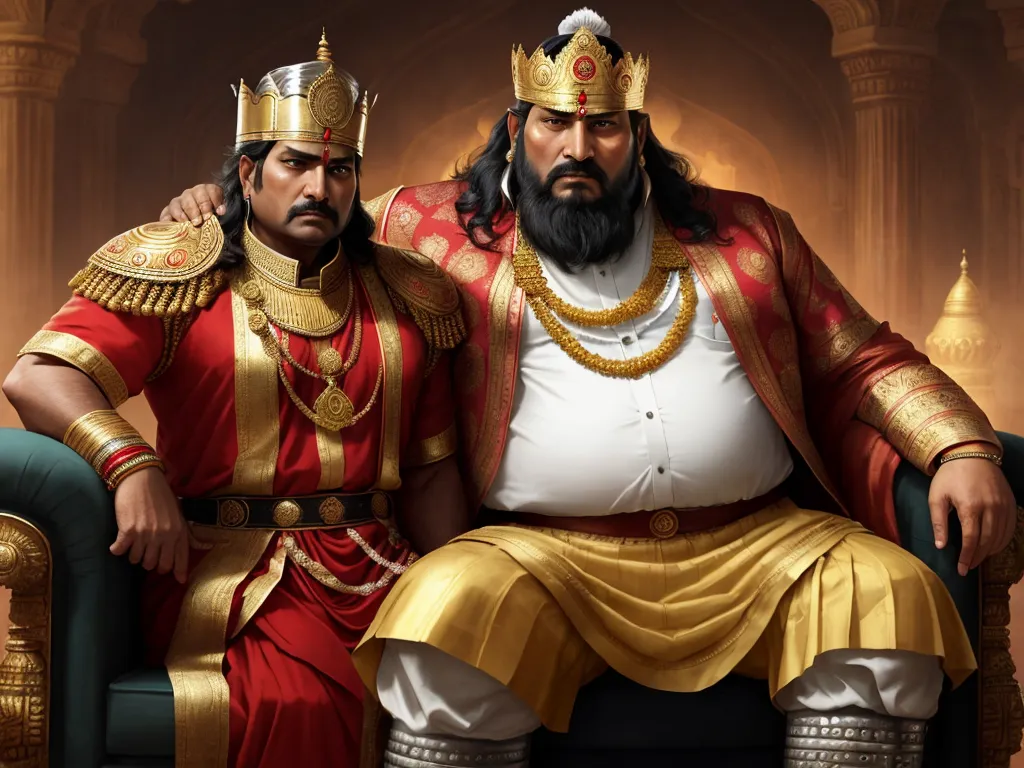 complete image ai - two men in golden and red costumes sitting on a chair together, one of them is wearing a crown, by Raja Ravi Varma