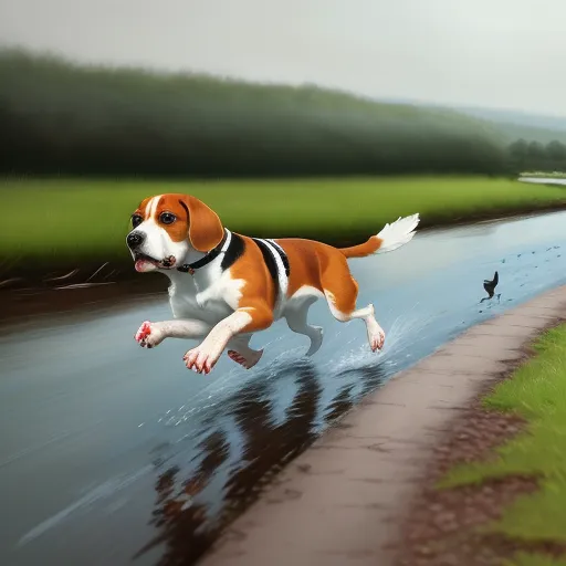 a dog is running in the water with a bird nearby on a path that leads to a marshy area, by Jane Newland