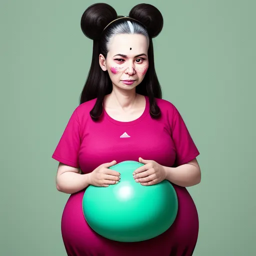 translate image online - a woman with a mickey mouse ears on her head holding a green ball in her hands and a pink shirt on her body, by Liu Ye