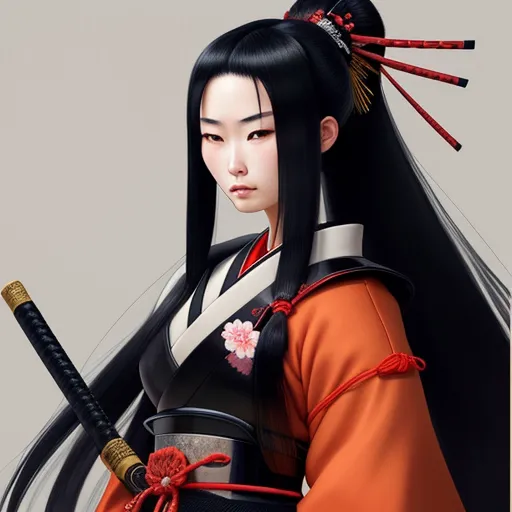 turn image 4k: A beautiful samurai Japanese with long black hair