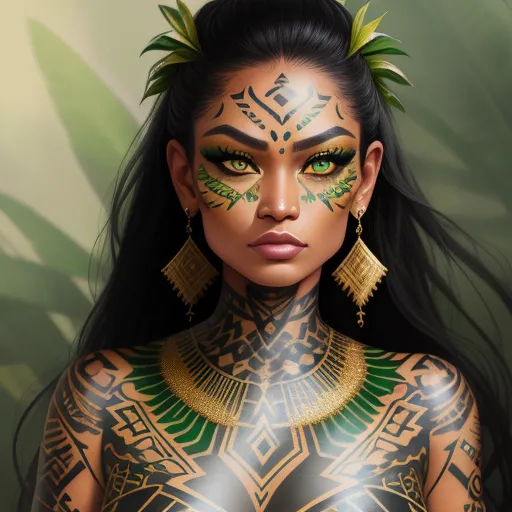 best ai photo editor - a woman with green and gold makeup and body art on her face and chest, with a green leaf on her head, by Lois van Baarle