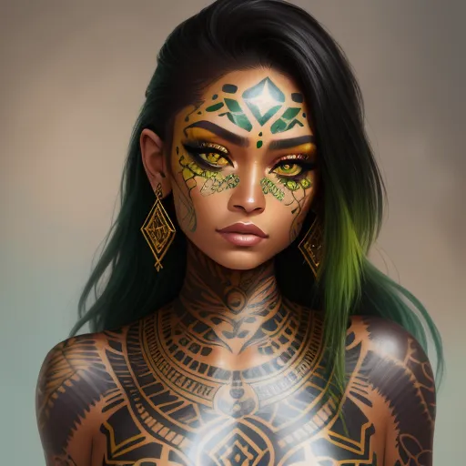 a woman with green hair and tattoos on her body and face, with a green hair and gold and green makeup, by Lois van Baarle