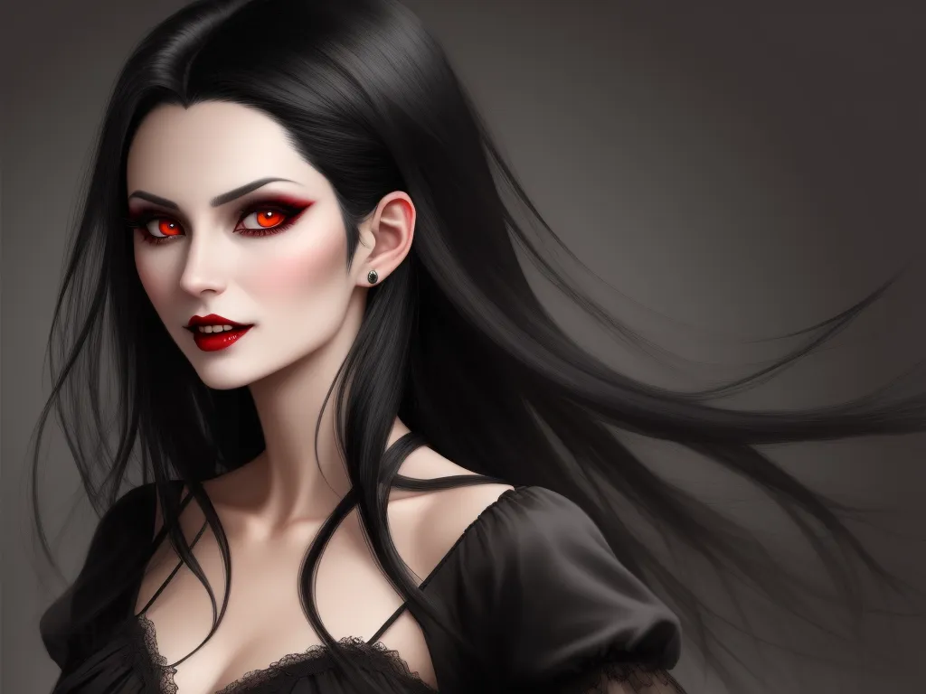 best text to image ai - a woman with red eyes and black hair with long black hair and red eyes, wearing a black dress, by George Manson