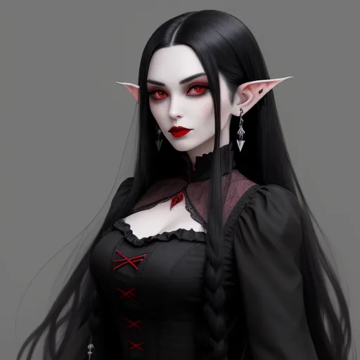 ai image creator from text - a woman with long black hair and red eyes wearing a black dress with red eyes and horns, with a black dress with red eyes and a black collar, by Terada Katsuya