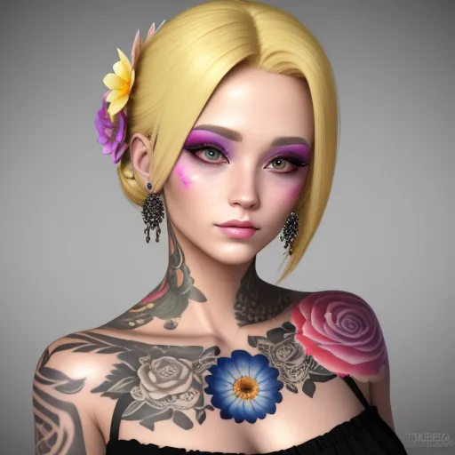 free ai photo enhancer software - a woman with tattoos and flowers on her chest and chest, with a flower in her hair and a flower in her hair, by Terada Katsuya