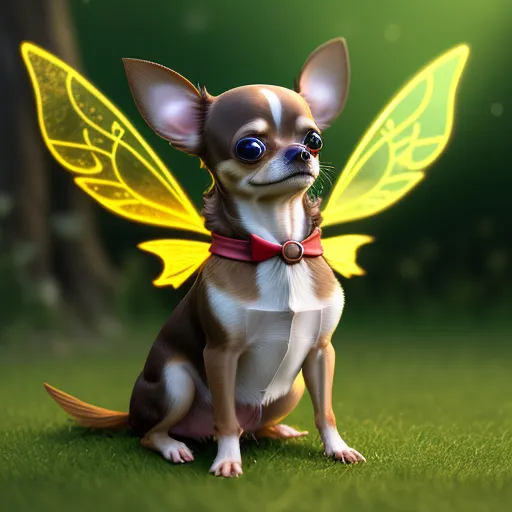 image quality lower - a chihuahua dog with a yellow wings on it's back sitting on the grass in front of a green background, by Pixar Concept Artists